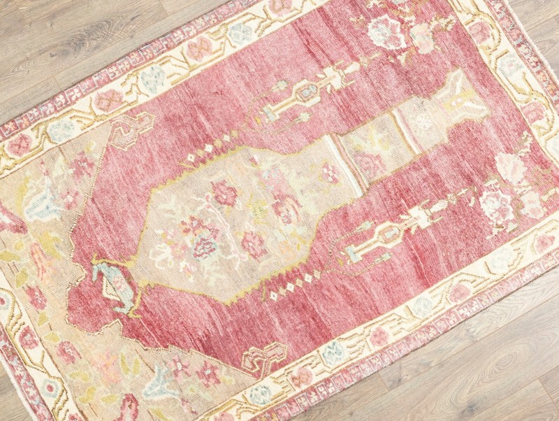 Vintage Boho Chic Turkish Tribal Wool Rug 4x6.2 ft Hand Knotted Oushak Carpet gallery
