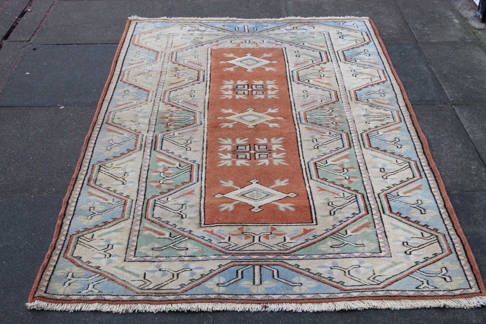 Vintage Hand Made Traditional Oriental Wool Beige Pink Blue Large Rug 200x122cm gallery