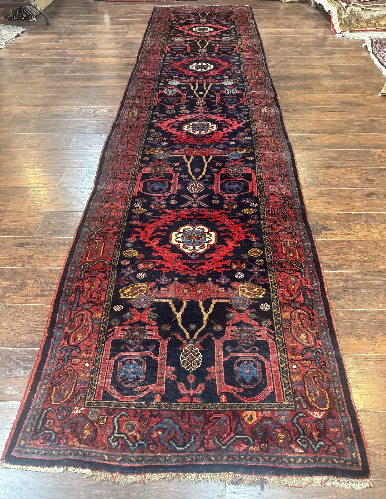 Per'sian Malayer Runner Rug 4x16 Navy Red Handmade Antique Carpet gallery