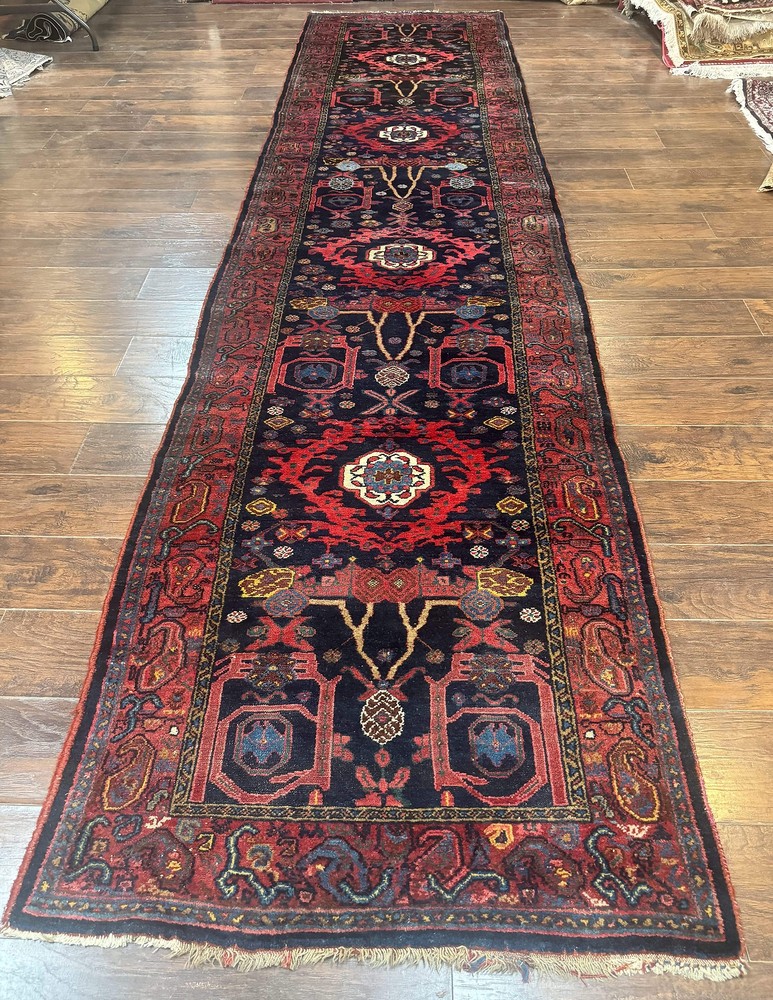 Per'sian Malayer Runner Rug 4x16 Navy Red Handmade Antique Carpet