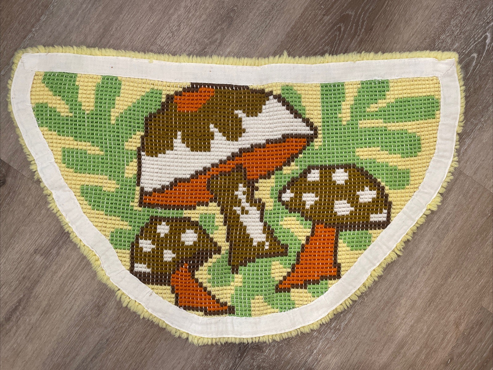 Vintage 1960s 1970s Mushrooms Hooked Rug Welcome Bath Mat Groovy Yellow Orange gallery