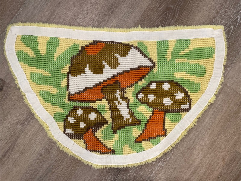 Vintage 1960s 1970s Mushrooms Hooked Rug Welcome Bath Mat Groovy Yellow Orange gallery