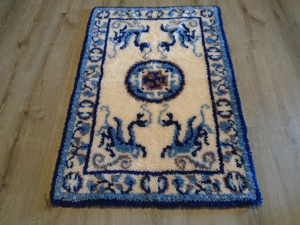 Vintage Hand Made Hooked Oriental Theme Dragons Rug Hanging 44"X30"
