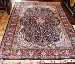 Vtg Oriental SILK Rug, Floral Medallion Design, Hand Knotted, 5’x7′, EUC!