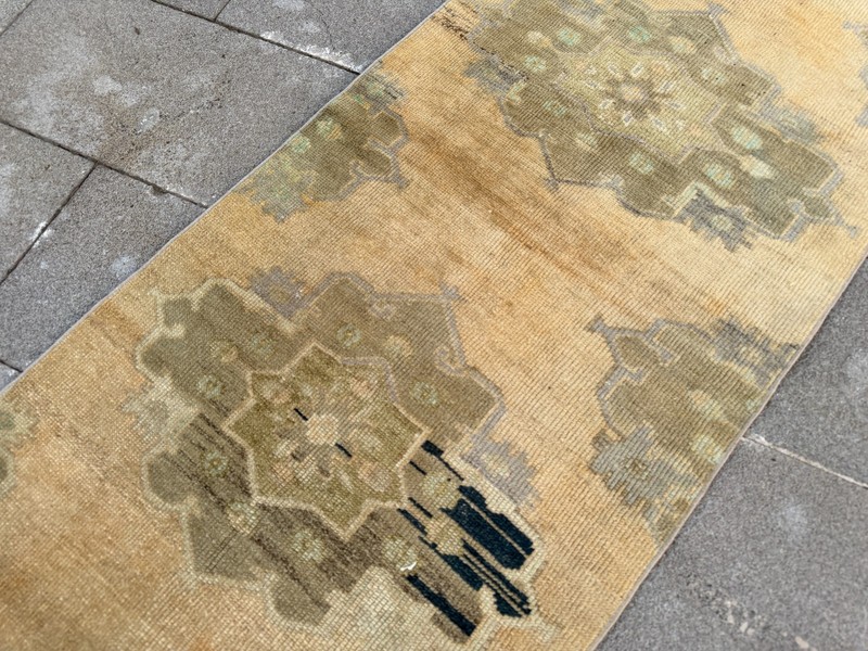 Vintage Turkish Oushak Runner Rug 2.4x10 ft Honey Beige Sage Green Rug gallery