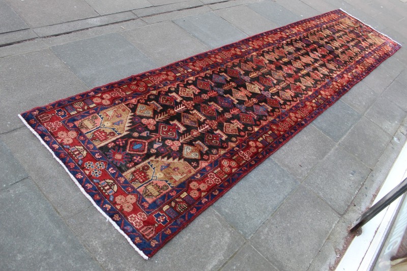 Vintage Hand Made Traditional Oriental Wool Red Black Long Runner 467x104cm gallery