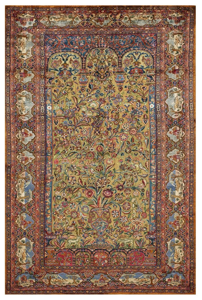 Mottashem All Rug Silk with Bas Relief Gold Threads all Vegetable Colors . Rare!