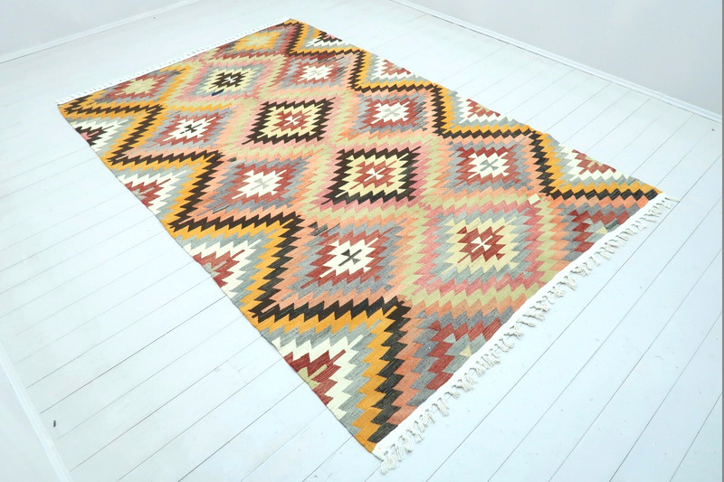 Turkish Kilim Wool Rug, Handmade Area Rugs, Vintage Tapis Large Teppich 76"x118" gallery