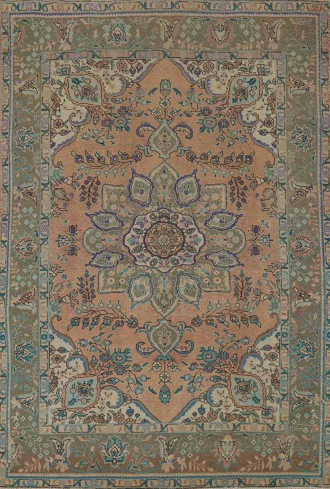 Vintage Wool Tebriz Traditional Distressed Handmade Rug 6x10 for Living Room