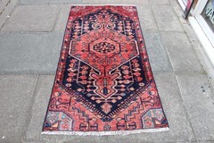 Vintage Hand Made Traditional Rug Oriental Wool Blue Red Small Rug 158x82cm