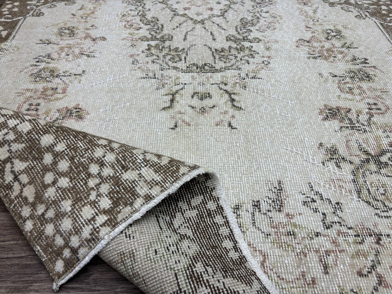 4x7 Vintage Neutral Turkish Area Rug, Beige Brown Oushak, Hand-Knotted Wool Rug gallery