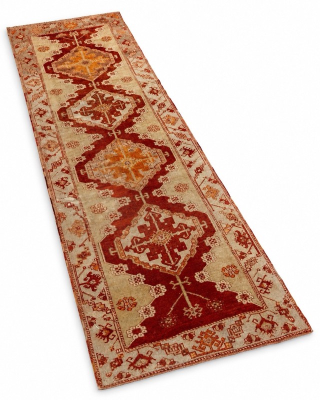 Antique Hand Knotted Wool Runner Rug 4’ x 11’10” Rust Ivory Geometric Armenian gallery