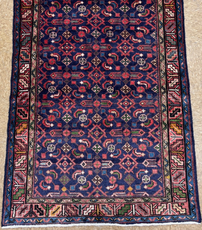 Vintage Hamedan Runner Rug 4x10 Hand Knotted Wool Navy Blue Tribal Oriental gallery
