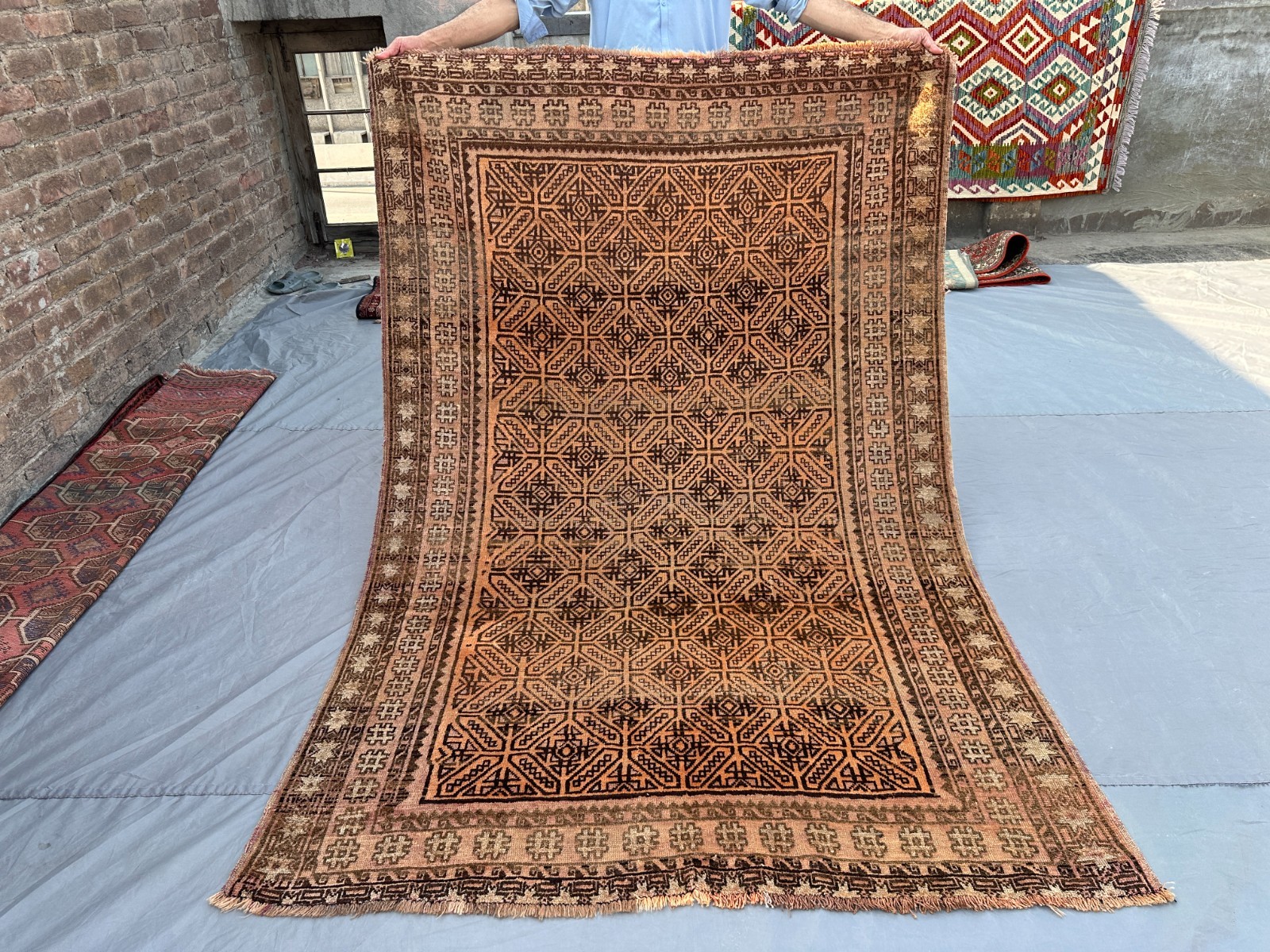 3'8 x 7 ft Antique Afghan Hand Knotted Rug Geometric Tribal Rare Living Room Rug gallery