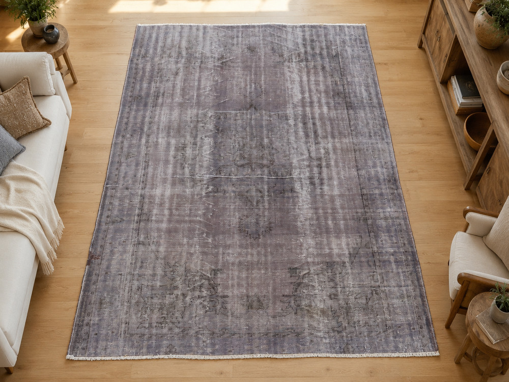 Oversize Smoky Gray Vintage Turkish Distressed Carpet, Handwoven Rug 92"x131"