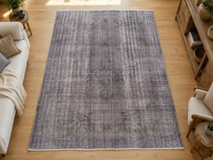 Oversize Smoky Gray Vintage Turkish Distressed Carpet, Handwoven Rug 92″x131″