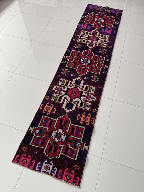 Vintage Handmade Wool Bohemian Oushak Runner Rug, 2x9 Ft Turkish Colorful Carpet gallery