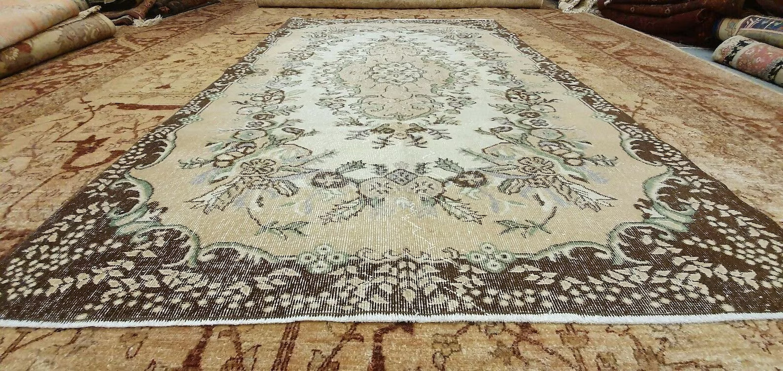 Vintage 1940-1960's Muted Dye,Distressed Wool Pile Oushak Area Rug 5'8" x 8'10" gallery