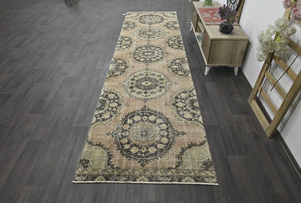 Vintage Turkish Runner Rug 3x12ft BROWN Handmade Anatolian Oushak Hallway Wool