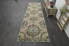 Vintage Turkish Runner Rug 3x12ft BROWN Handmade Anatolian Oushak Hallway Wool