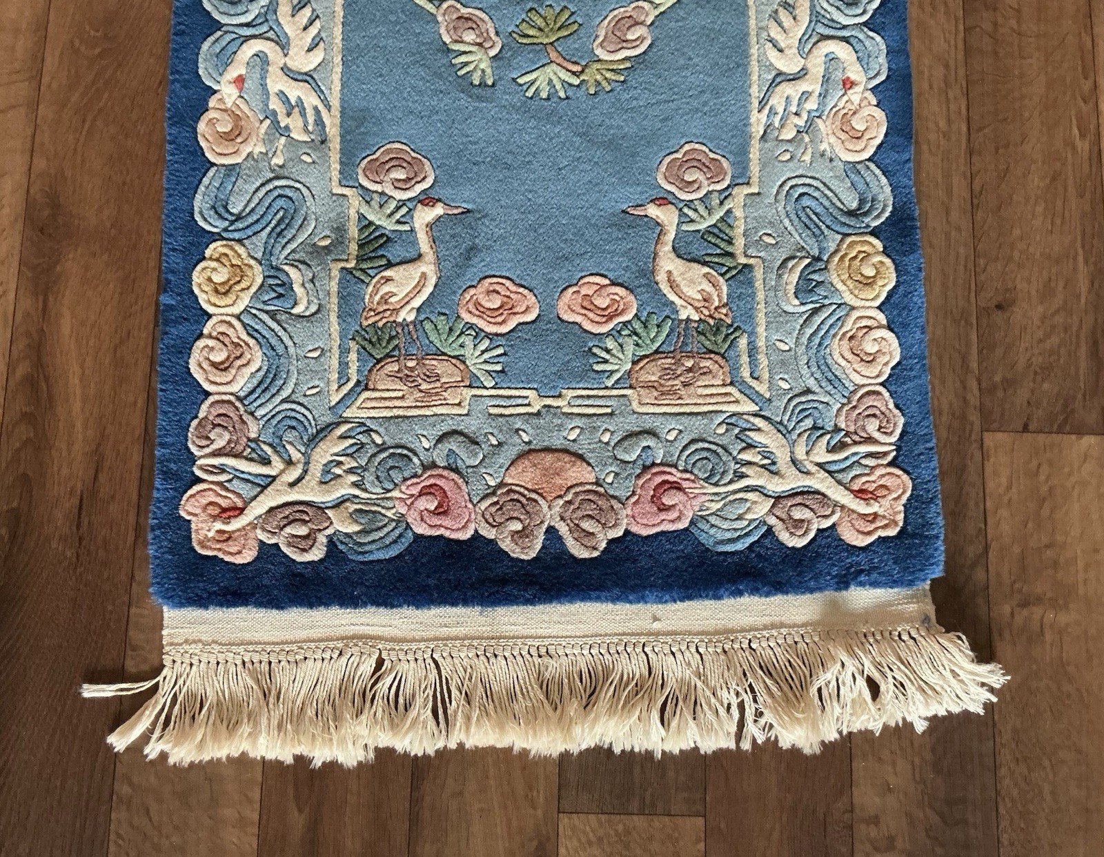 ANTIQUE CHINESE ART DECO PICTORIAL CRANE BIRD THICK BLUE WOOL RUG 5’x2’ gallery