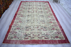 Beige Turkish Vintage Floral Rug, 5.6×9.3ft, Antique Handmade Red Bordered Rug,