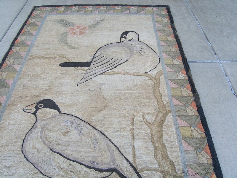 19th C Large American Pictorial Hooked Rug on Burlap Doves Tree Branches 6x9 ft gallery