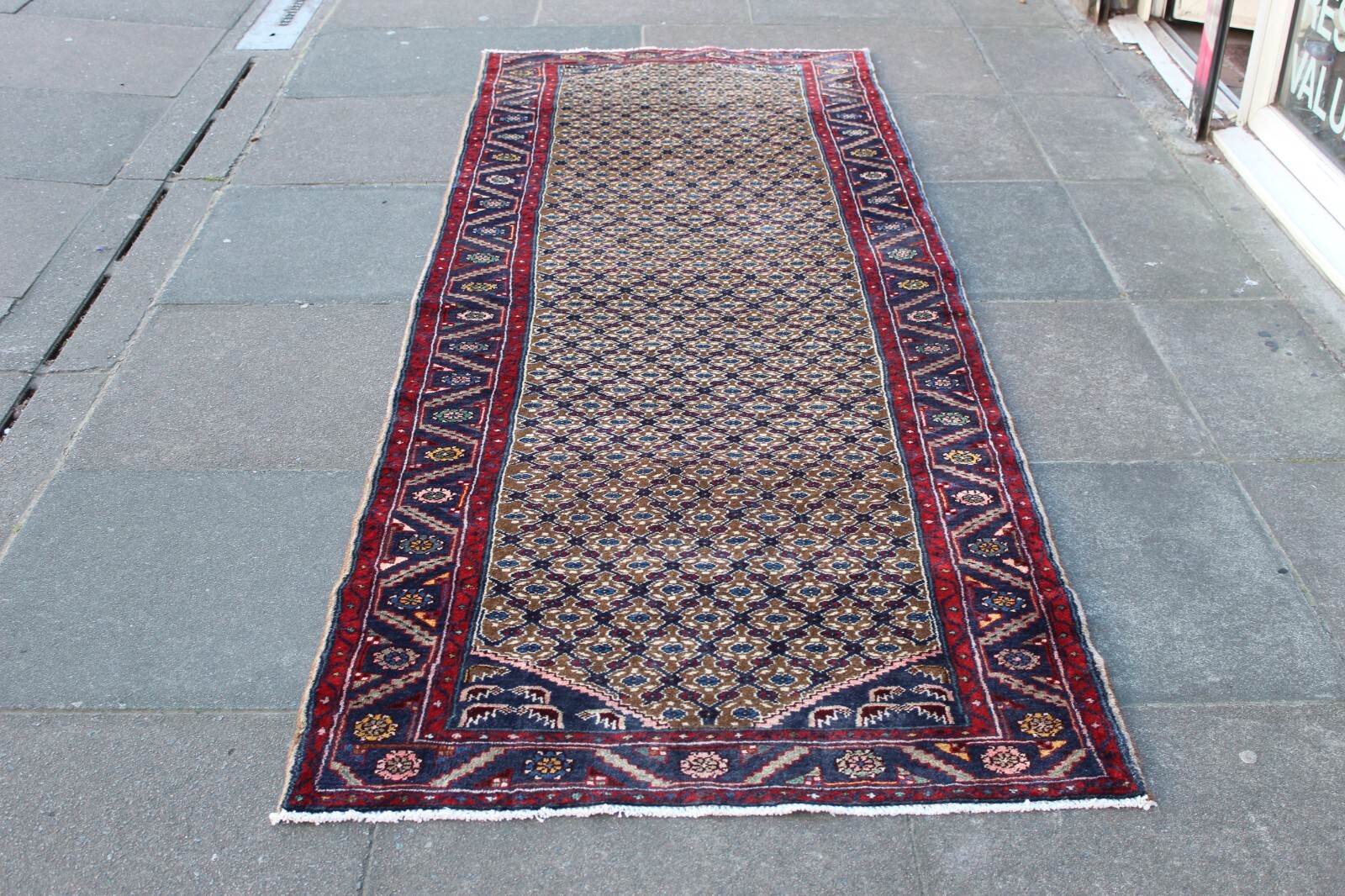 Vintage Hand Made Traditional Oriental Wool Brown Blue Long Runner 287x98cm gallery