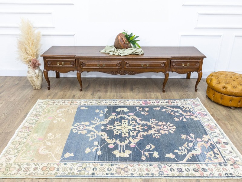 Blue Turkish Oushak Oriental Handmade Wool Area Rug 4.3x7.2 ft Vintage Runner gallery