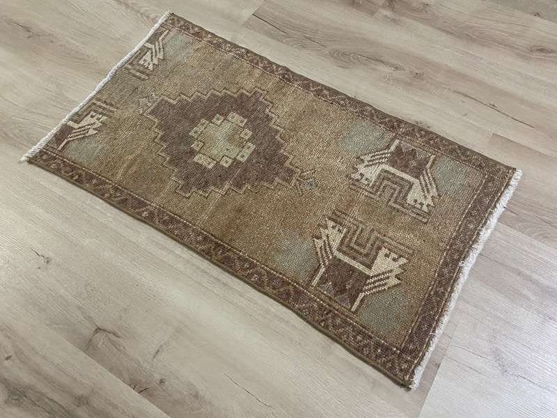 Vintage Turkish Rug Handmade Wool Brown Anatolian Runner Rug 1.5x2.8 Ft gallery