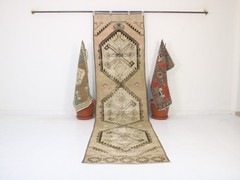 3×11 Ft Beige Runner Rug, Handmade Runner, Vintage Muted Hallway Rug, 2.8×11.1