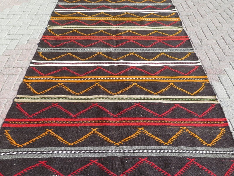 Area Rug Wool Rugs Vintage Turkish Kilim Floor Rug Dark Brown Large Rug 68"x142" gallery