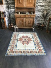 5×6 Large Vintage Beige Turkish Oushak Wool Rug