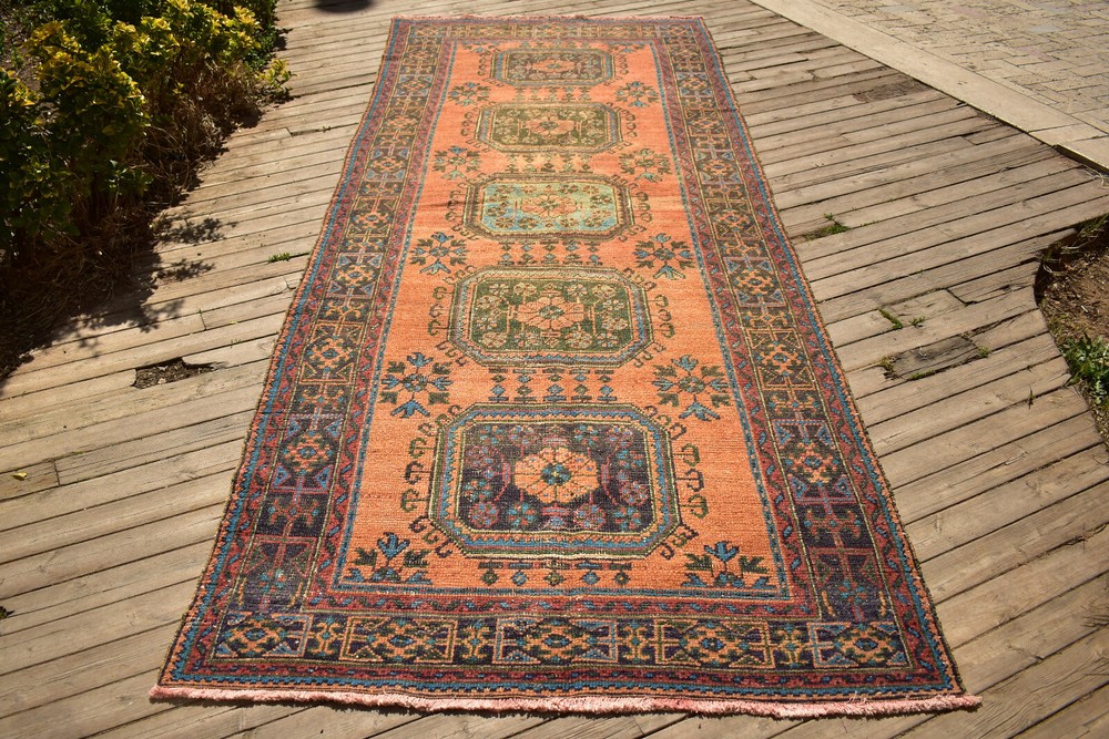 Turkish Rug 55''x141'' Oushak Kitchen Runner Vintage Orange Stairs Carpet 4x11
