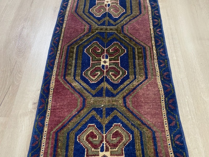 Vintage Turkish Blue Runner Rug 1.5x3.7 Ft HandKnotted Wool Tribal Hallway Carpt gallery