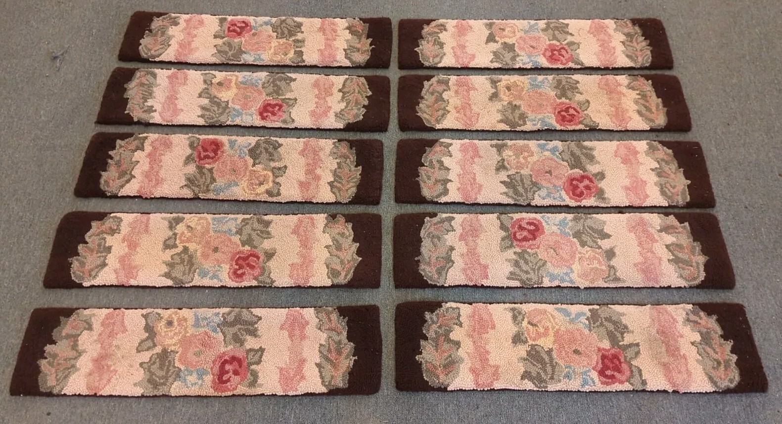 10 Antique Primitive Country Handmade Hook Wool Hooked Stair Treads Floral Rug gallery