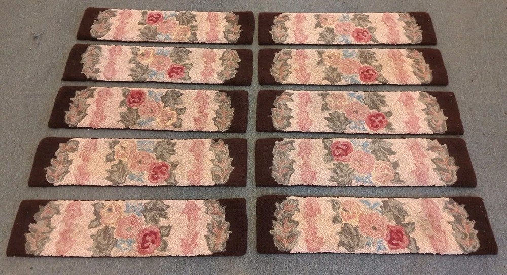 10 Antique Primitive Country Handmade Hook Wool Hooked Stair Treads Floral Rug