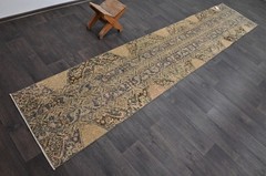Vintage Turkish Runner Rug 2x11ft Wool Anatolian Handmade Hallway Oushak BEIGE