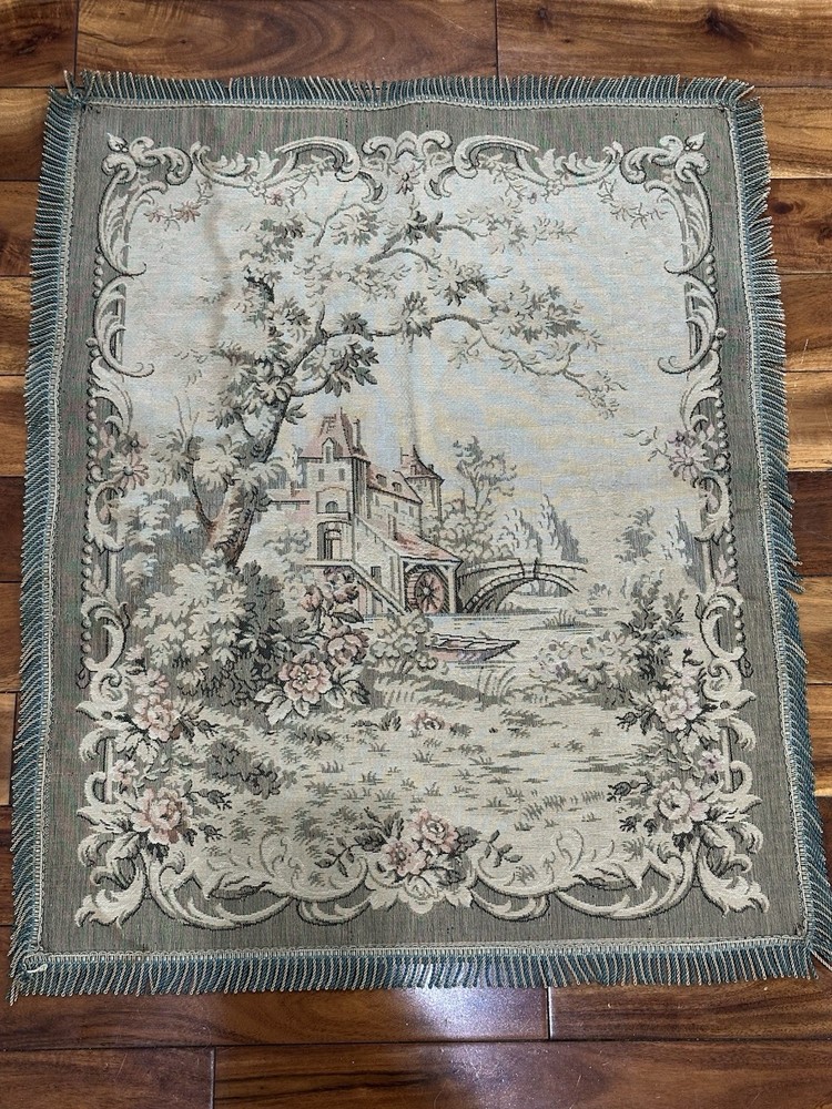 1920s Antique French Tapestry Verdure Waterwheel 25.5” X 20.5”