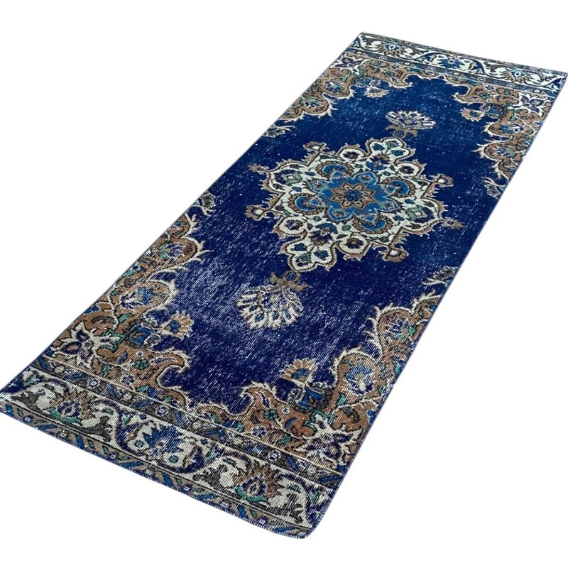 Hand-Knotted Wool Runner Rug: Vintage Blue Oriental Hallway Carpet (2.4x6.7 ft) gallery