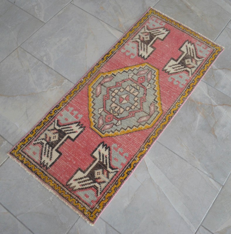 Vintage Distressed Small Area Rug Hand Knotted Oushak Rugs Yastik - 1'7" x 3'7" gallery