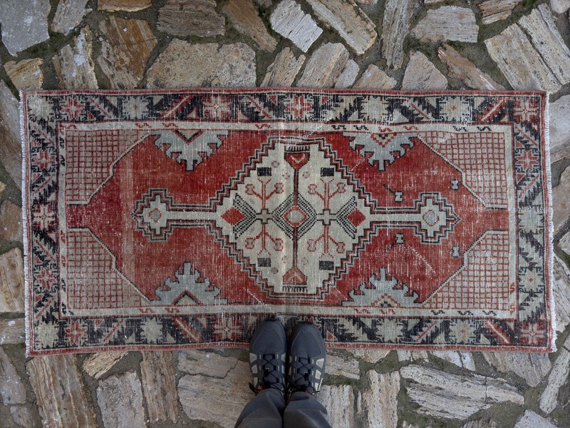Hand-Woven Vintage Area Carpet 2x5 Red Wool Medium Size Geometric Bedroom Rug gallery