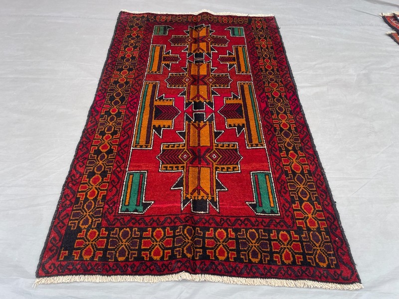 2'11x4'9 ft Vintage Afghan Baluchi Hand Knotted Wool Red Gold Geometric Area Rug gallery