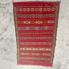 Vintage Handwoven Wool Moroccan Kilim Rug Tapestry Red Gold Black Low Pile 5 X 3
