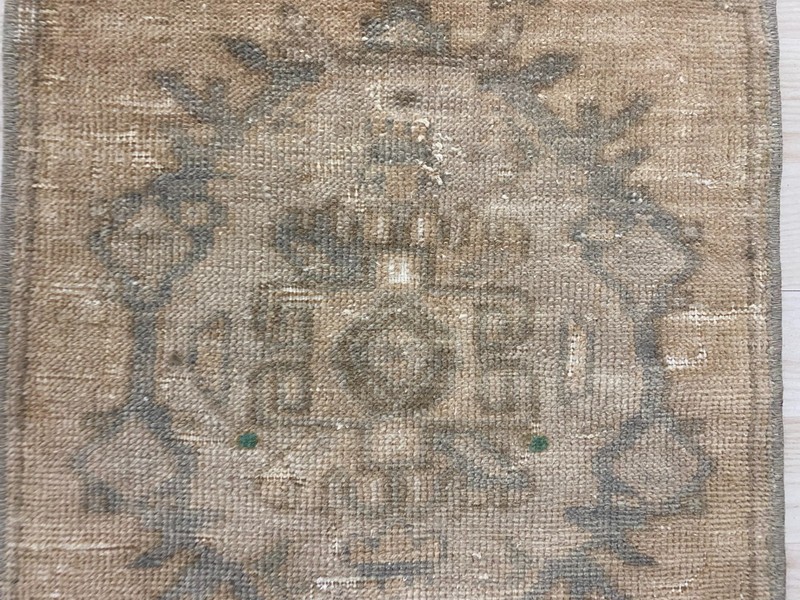 Vintage Handwoven Turkish Small Rug 1.3x3.4 ft Wool Distressed Neutral Carpet gallery