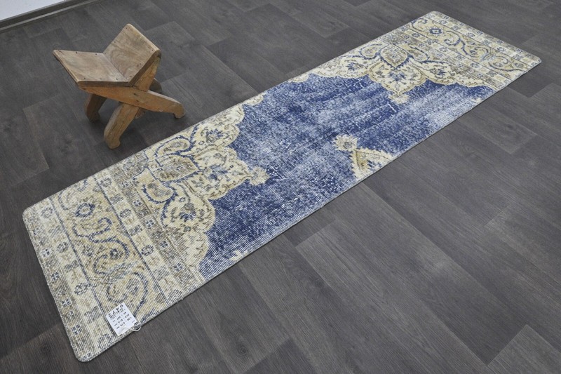 Vintage Turkish Runner Rug 2x7ft Wool Anatolian Handmade Hallway Oushak BLUE gallery