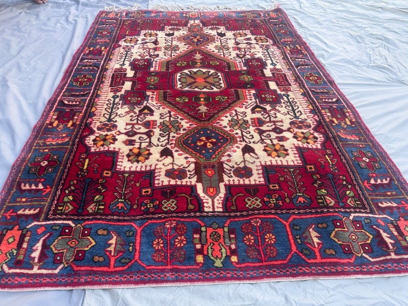 Handmade Vintage Turkish Style Rug 4'6x6'7 Red Blue Geometric Medallion Area Rug gallery