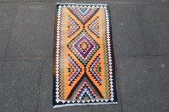 Kilim Vintage Traditional Hand Made Oriental Cotton Orange Small Kilim 92x50cm