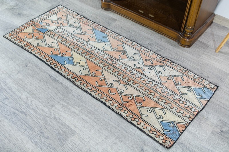 Vintage Turkish Runner Rug, Teppic Orange Blue Beige Geometrical Wool (2x5'1 ft) gallery