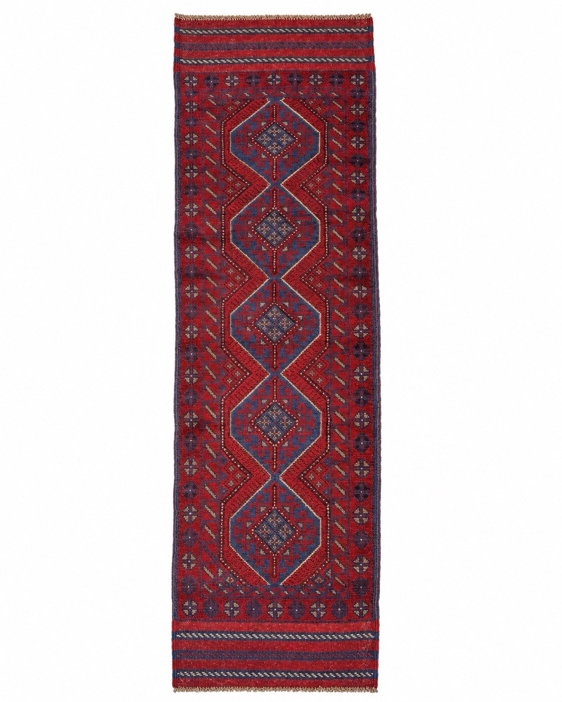 Vintage Afghan Baluchi Wool Runner Rug Hand Knotted Medallion Red Blue 2x8 Feet gallery